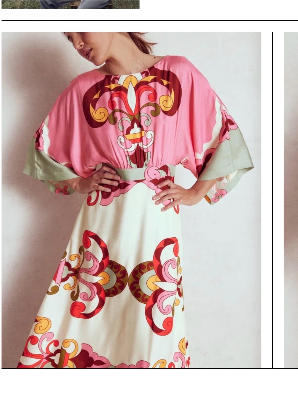 BODEN Flute Sleeve Midi Dress Ornate Pattern Size 16 Cream Wedding Event Pink
